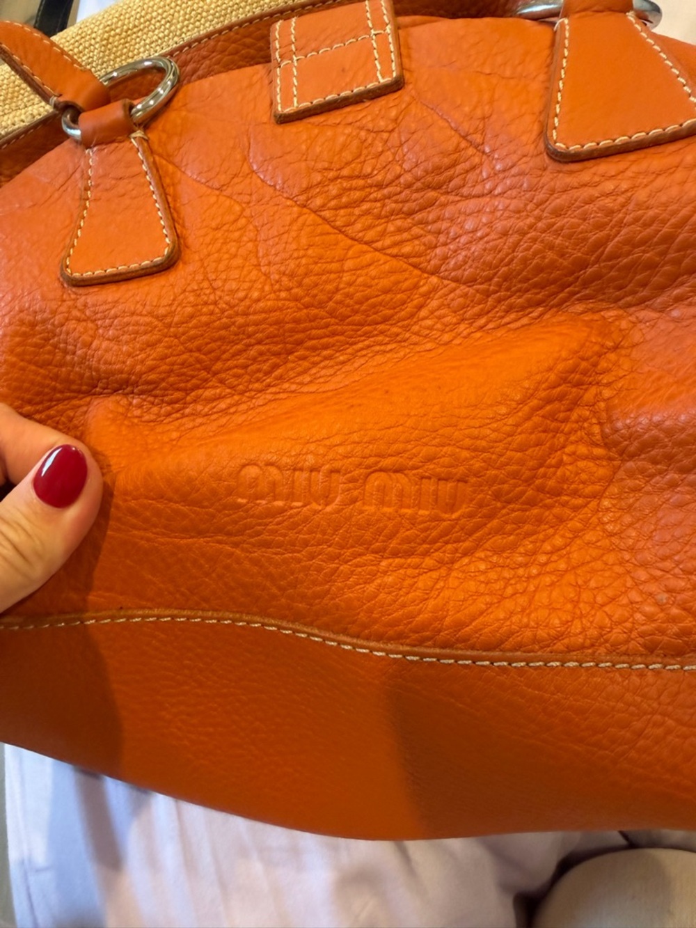 Miu Miu Orange Pebbled Leather Shoulder Bag with Silver Hardware - Picture 7 of 8